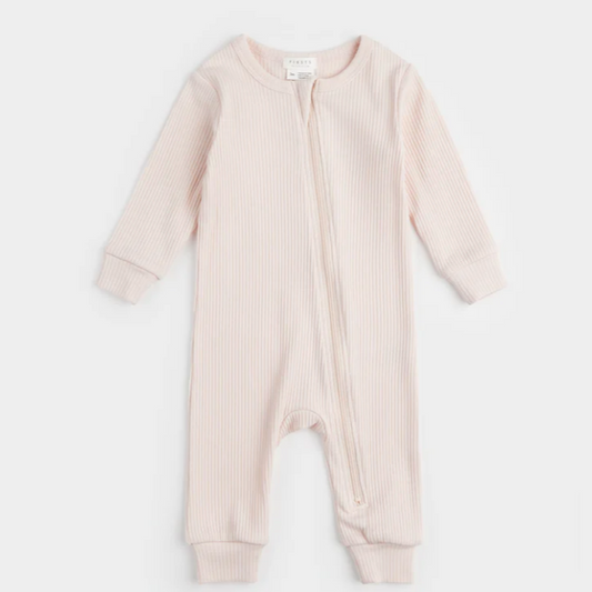 Organic Ribbed Zipper Romper in Pink