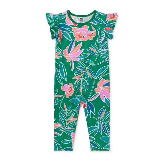 Tropical Gardenias Ruffle Sleeve Pocket Romper