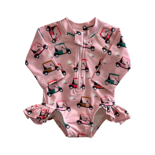 Pink Golf Cart Rashguard Swimsuit (UPF 50+) - Toddler