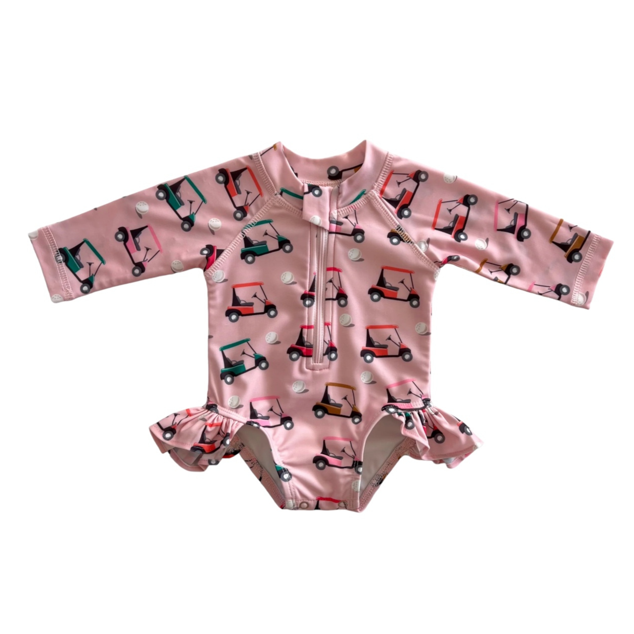 Pink Golf Cart Rashguard Swimsuit (UPF 50+) - Toddler