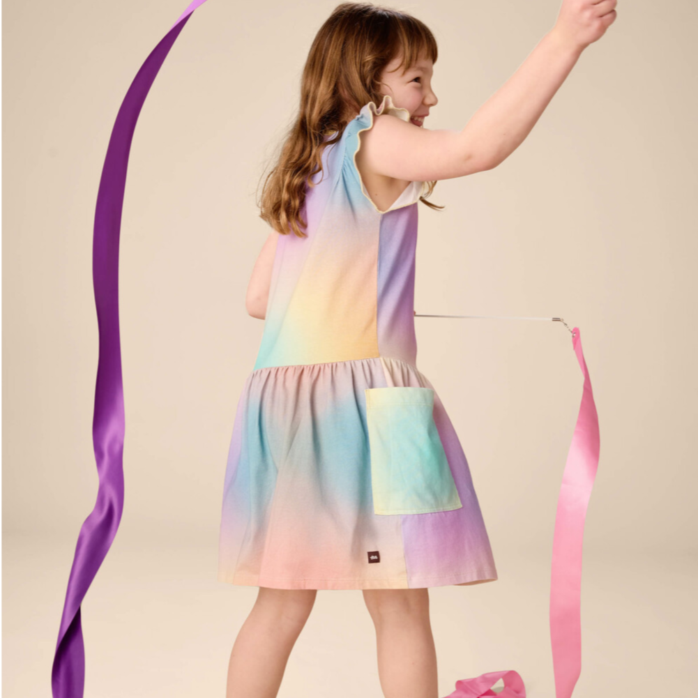 Rainbow Gradiant Flutter Sleeve Pocket Dress