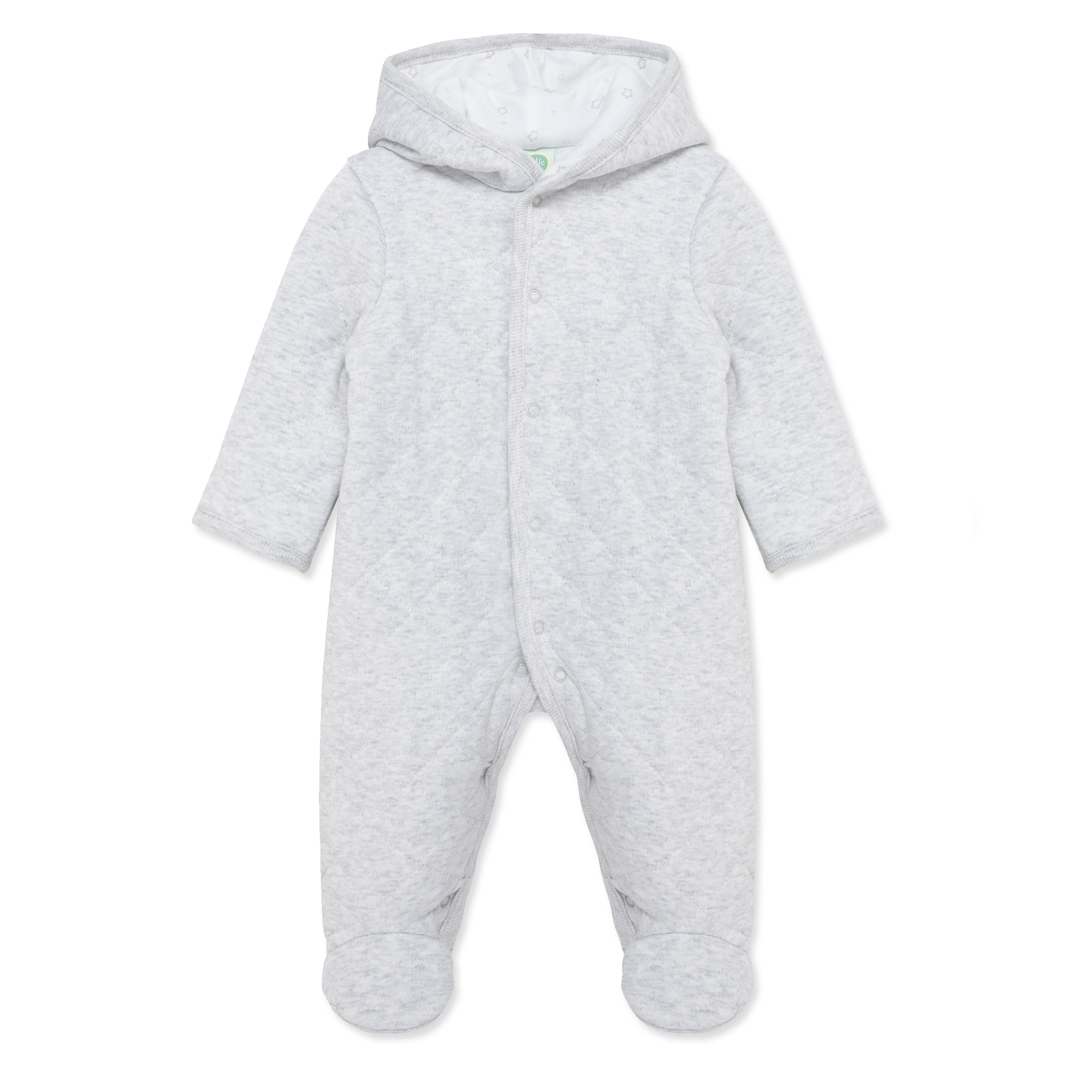 Gray baby onesie with a hood on a white background