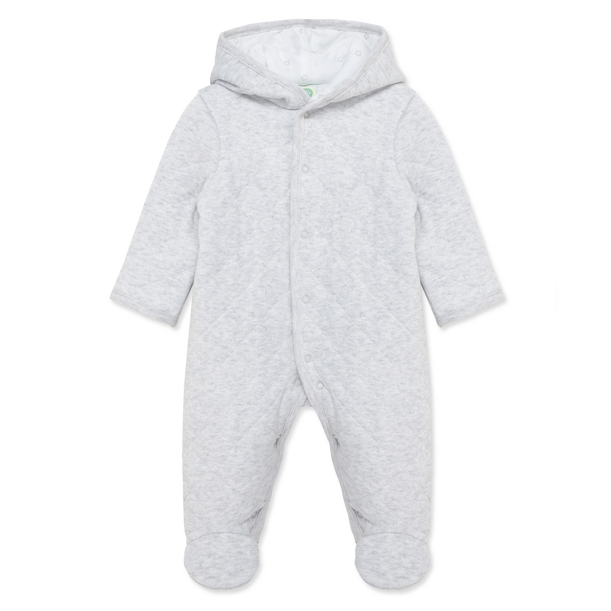 Gray baby onesie with a hood on a white background