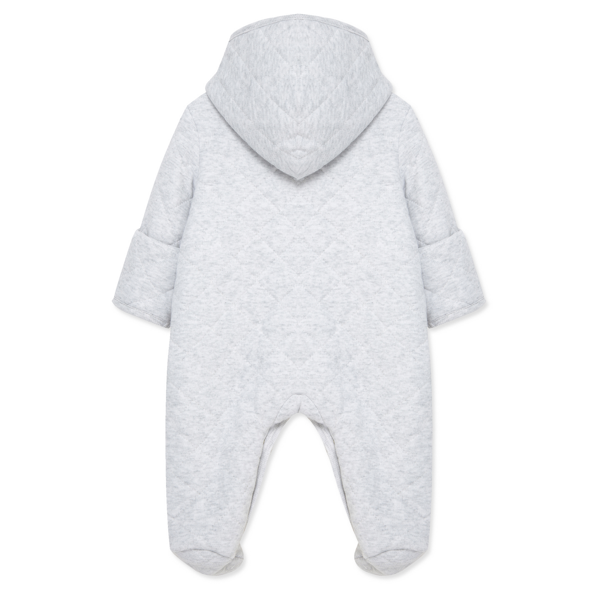 Gray baby snowsuit with a hood on a white background