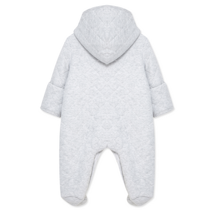 Gray baby snowsuit with a hood on a white background
