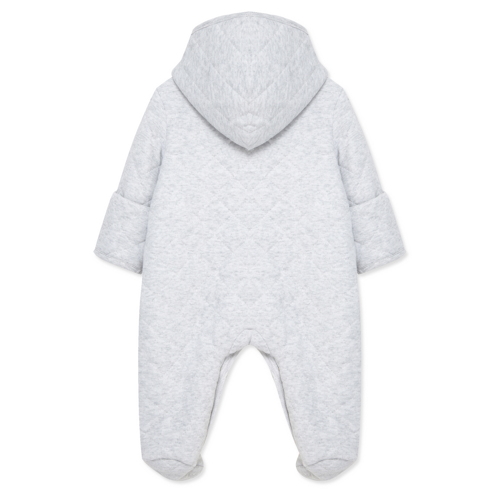 Gray baby snowsuit with a hood on a white background