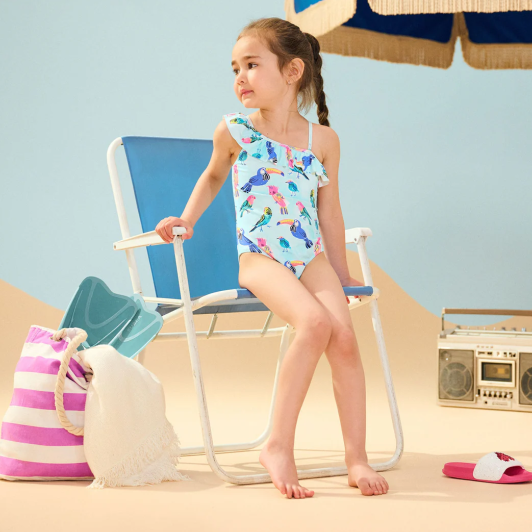 Tropical Birds Ruffle Trim Swimsuit