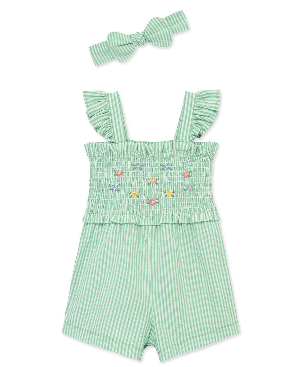 Green Embroidered Woven Romper