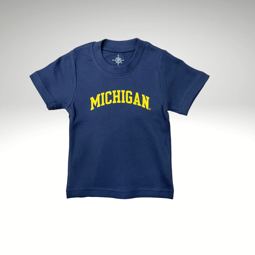 Navy Blue t-shirt with 'MICHIGAN' curved printed in yellow on a gray background