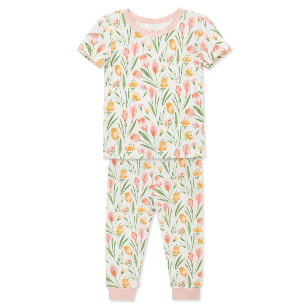 Large Tulip Print Girl Pajamas Short Sleeve Long Pant