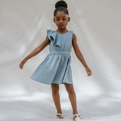 Blue Denim Sleeveless Ruffle Dress