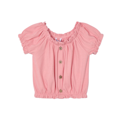Coral Ribbed Bubble Sleeve Top