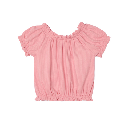 Coral Ribbed Bubble Sleeve Top