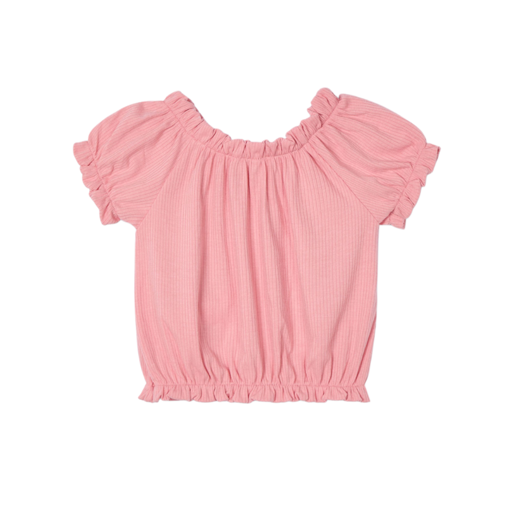 Coral Ribbed Bubble Sleeve Top