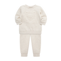 Beige children's sweatshirt and pants set with a bear design on a white background