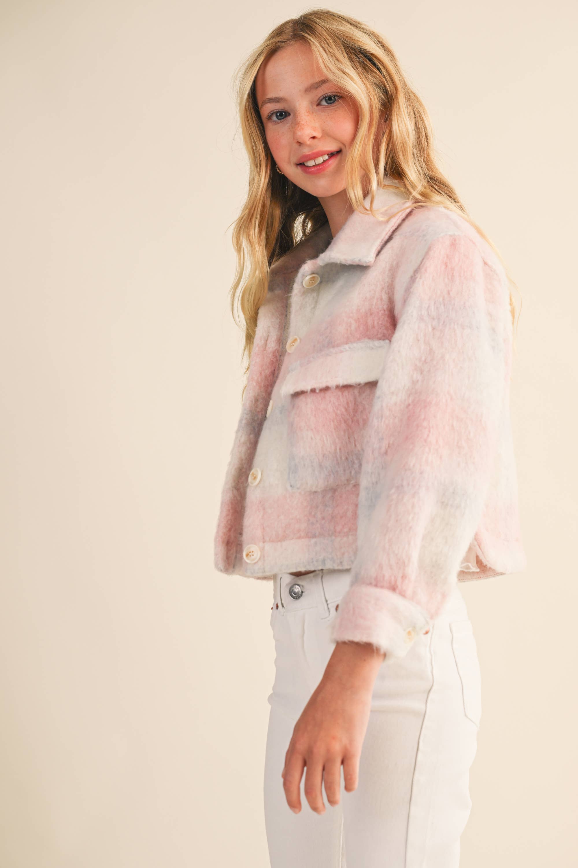 Cropped Jacket in Blush Plaid