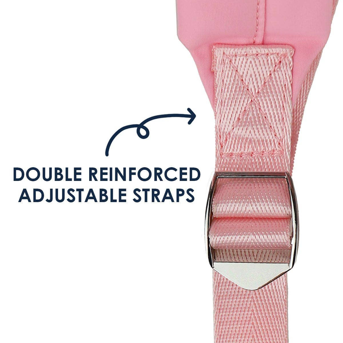 Close-up of pink adjustable straps with text 'Double Reinforced Adjustable Straps' on a white background