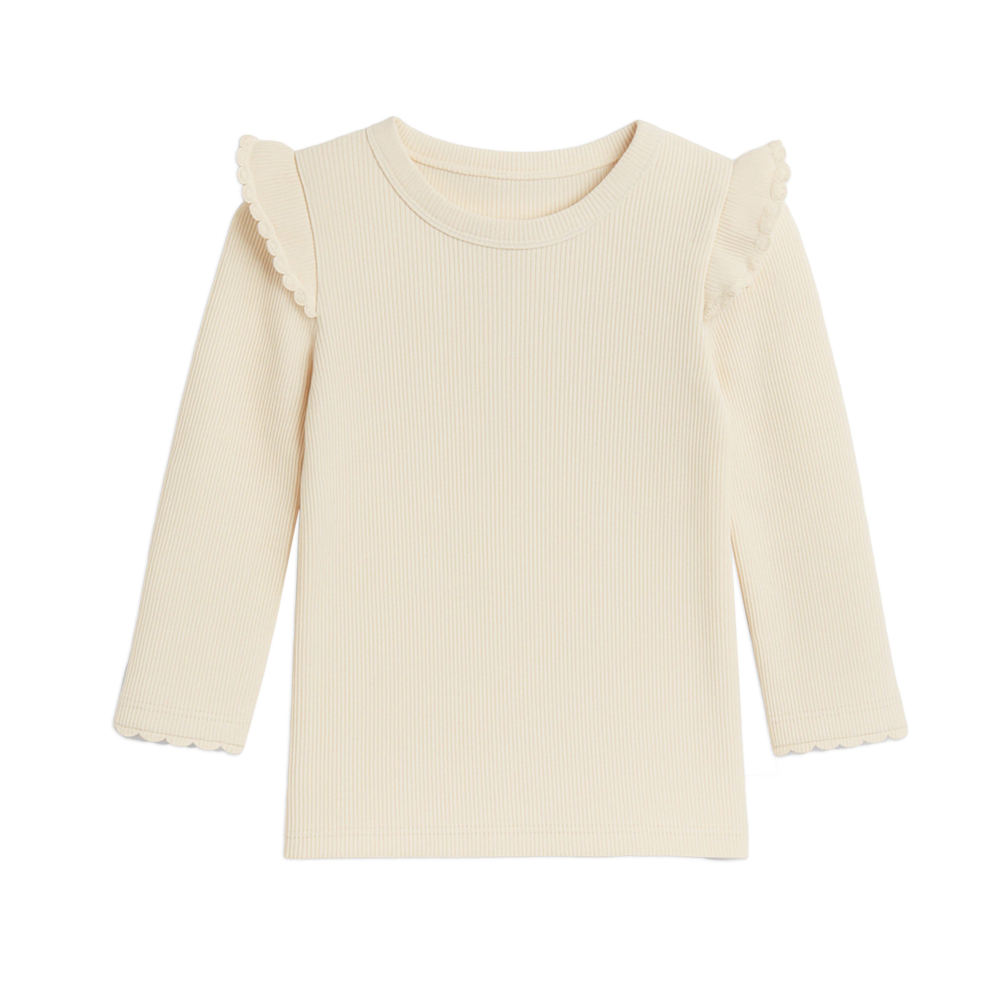 Rina Ivory Ribbed Ruffle Long Sleeve Top