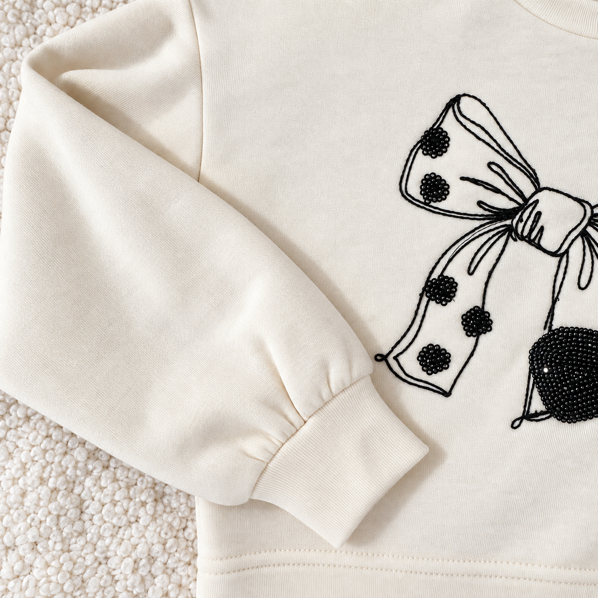 Black Bow Embellished Ivory Sweatshirt