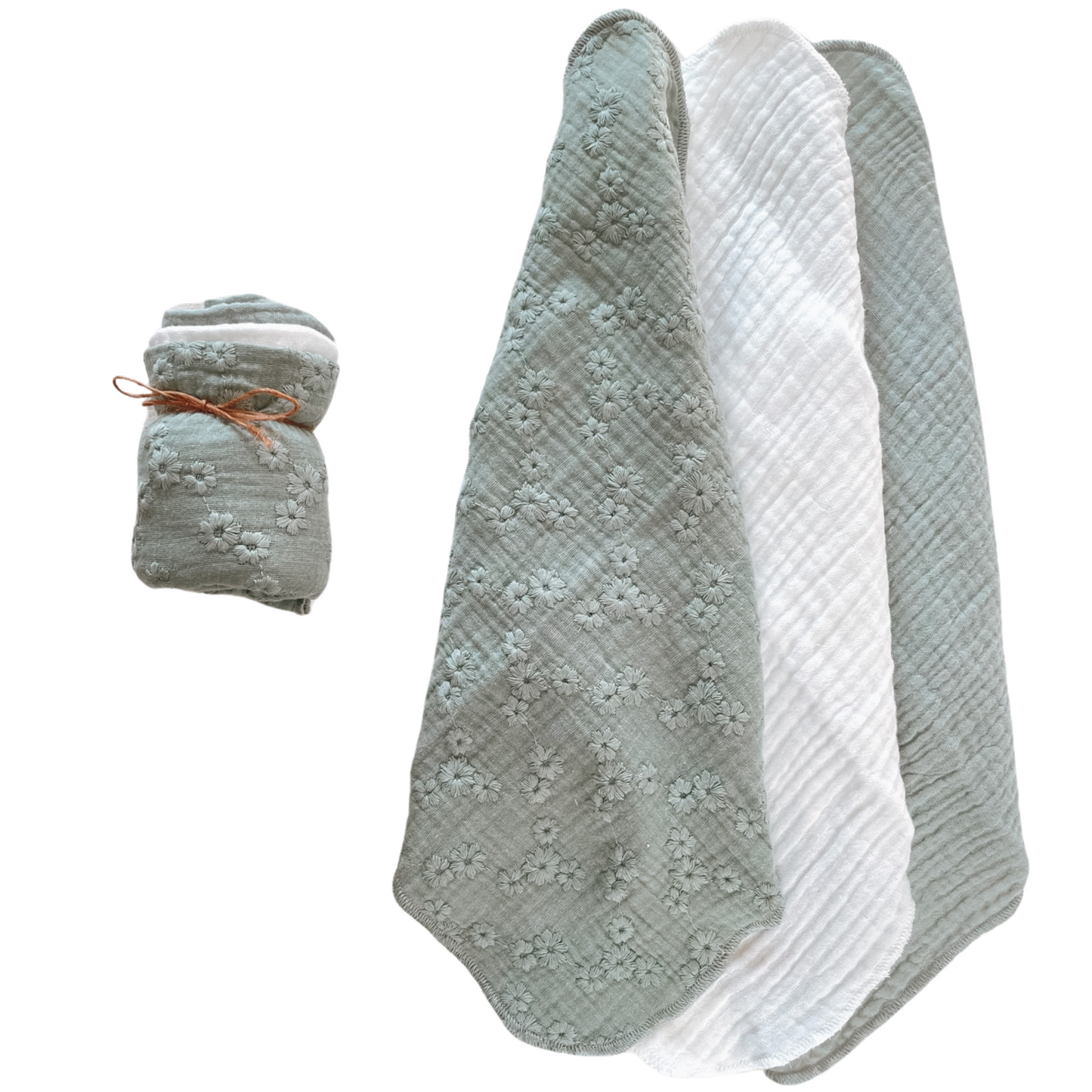 Olive Embroidered Muslin Burp Cloth Set