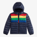 Kids Puffer Jacket In Navy Bold Rainbow Stripe