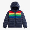 Kids Puffer Jacket In Navy Bold Rainbow Stripe
