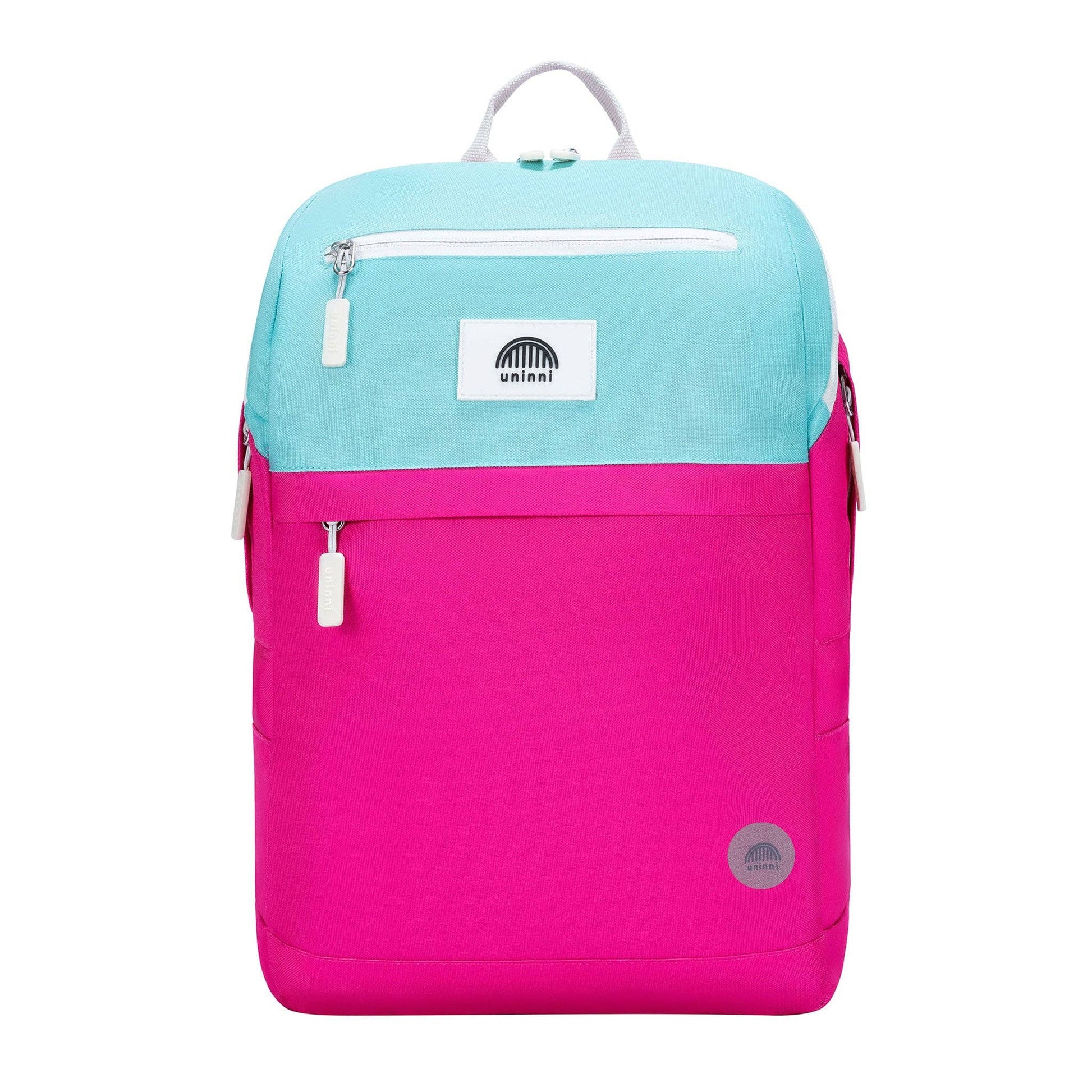Two-tone pink and light blue backpack with visible brand logo on a white background