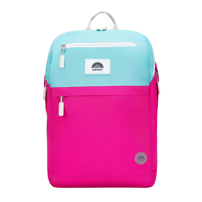 Two-tone pink and light blue backpack with visible brand logo on a white background