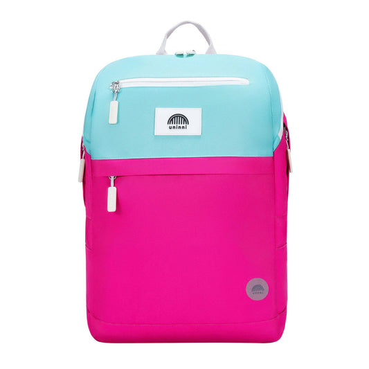 Two-tone pink and light blue backpack with visible brand logo on a white background