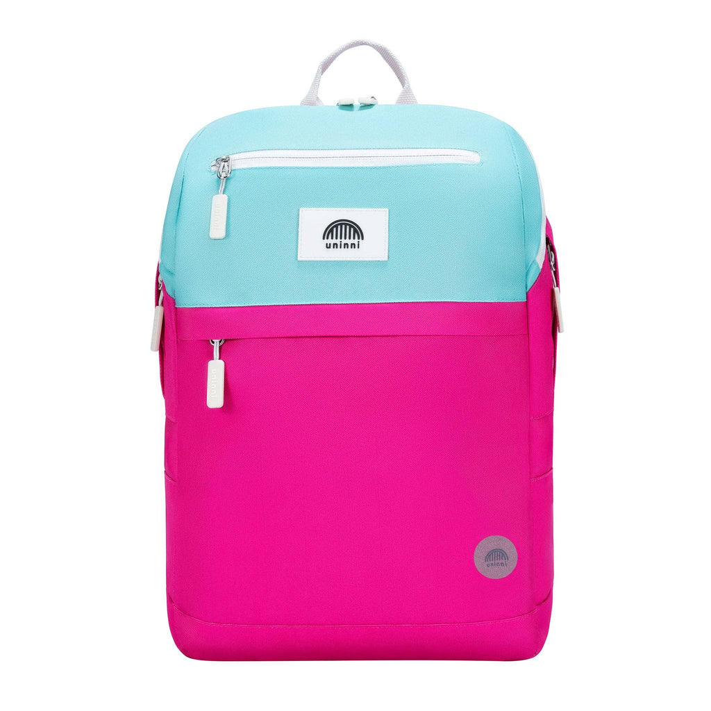 Two-tone pink and light blue backpack with visible brand logo on a white background