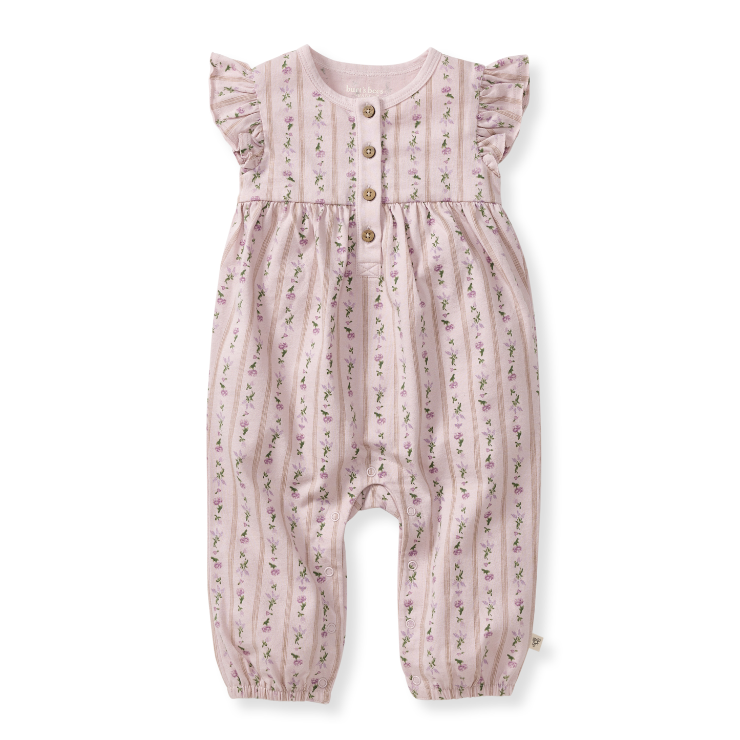 Pink baby romper with floral pattern on a white background