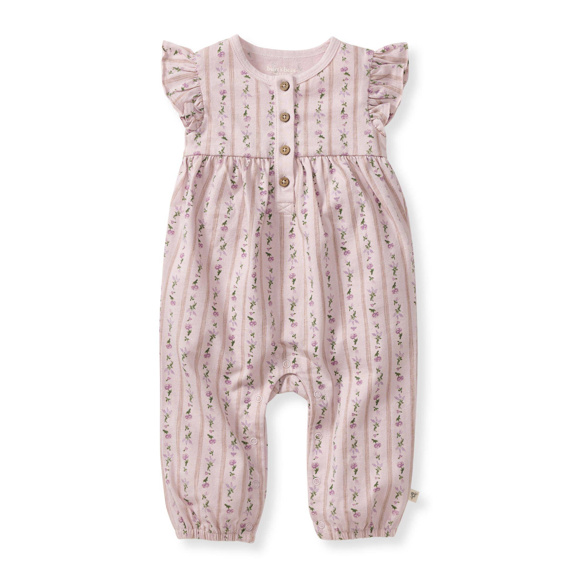 Pink baby romper with floral pattern on a white background