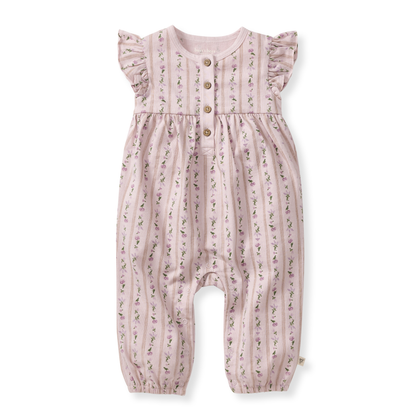 Pink baby romper with floral pattern on a white background