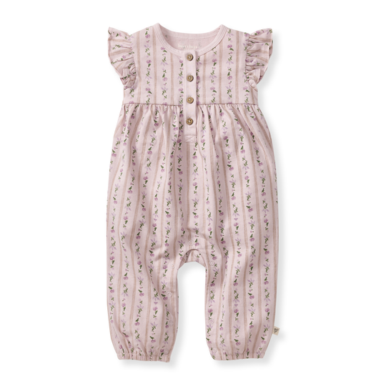 Pink baby romper with floral pattern on a white background