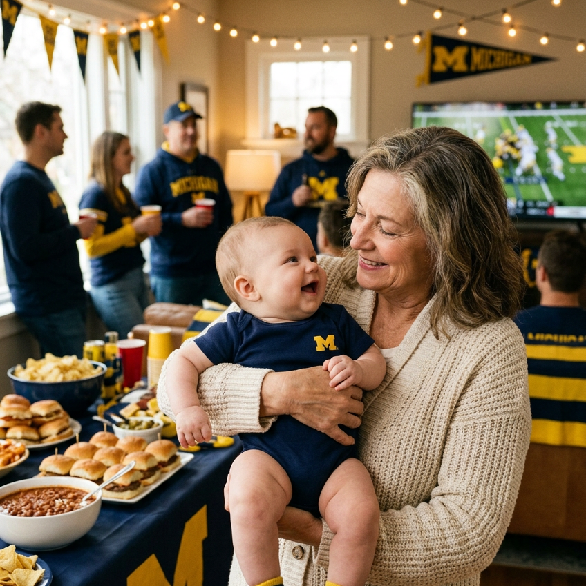 A navy blue baby bodysuit with a yellow Michigan State University 'M' logo on the left chest, displayed on a clean white background.