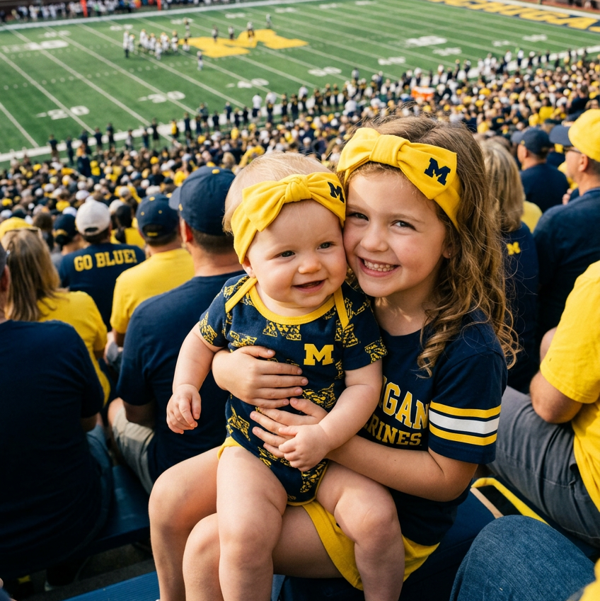 A bright yellow fabric headband with a large central bow and a navy blue embroidered letter 'M' on the right side, representing the Michigan Wolverines.