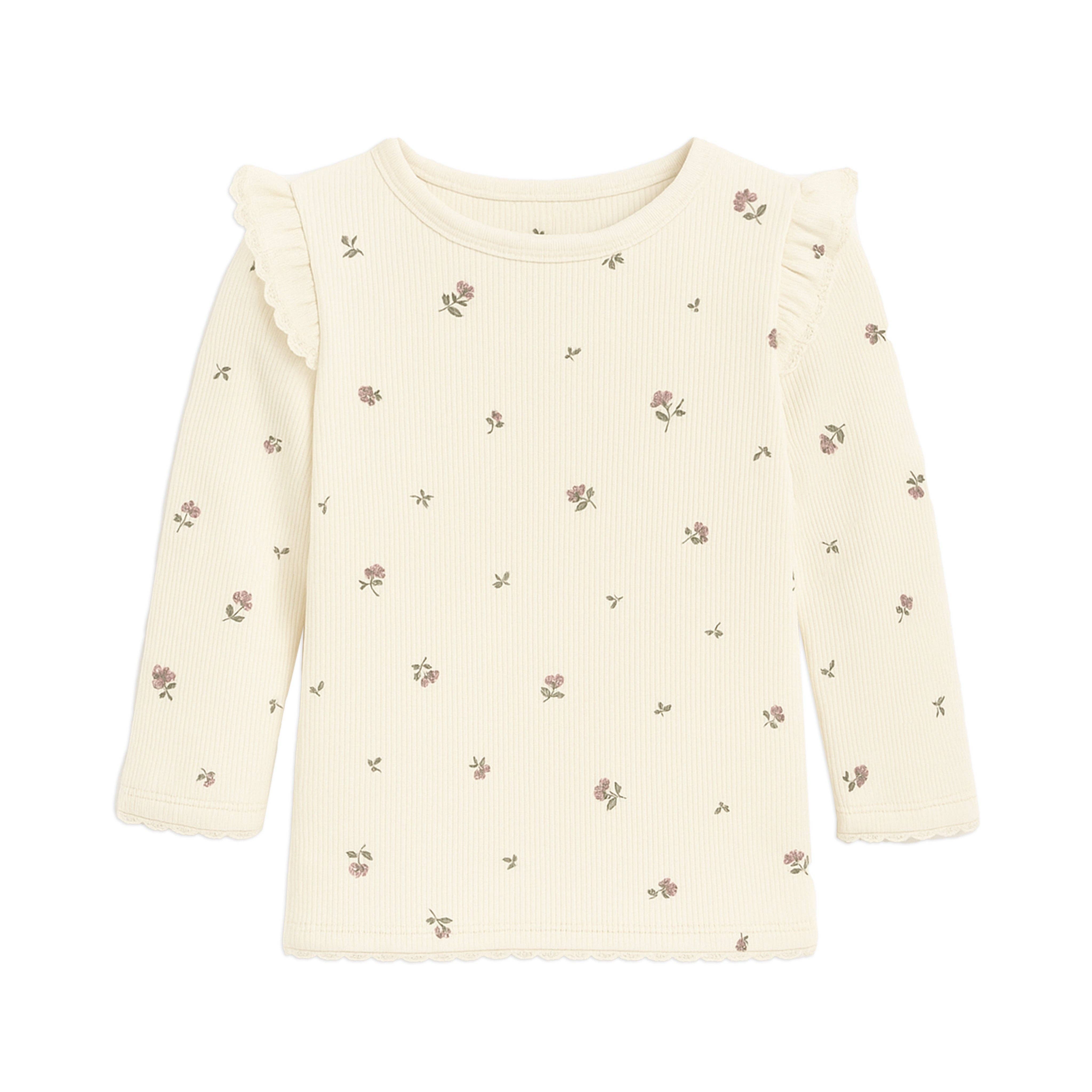 Rina Floral Ribbed Ruffle Long Sleeve Top