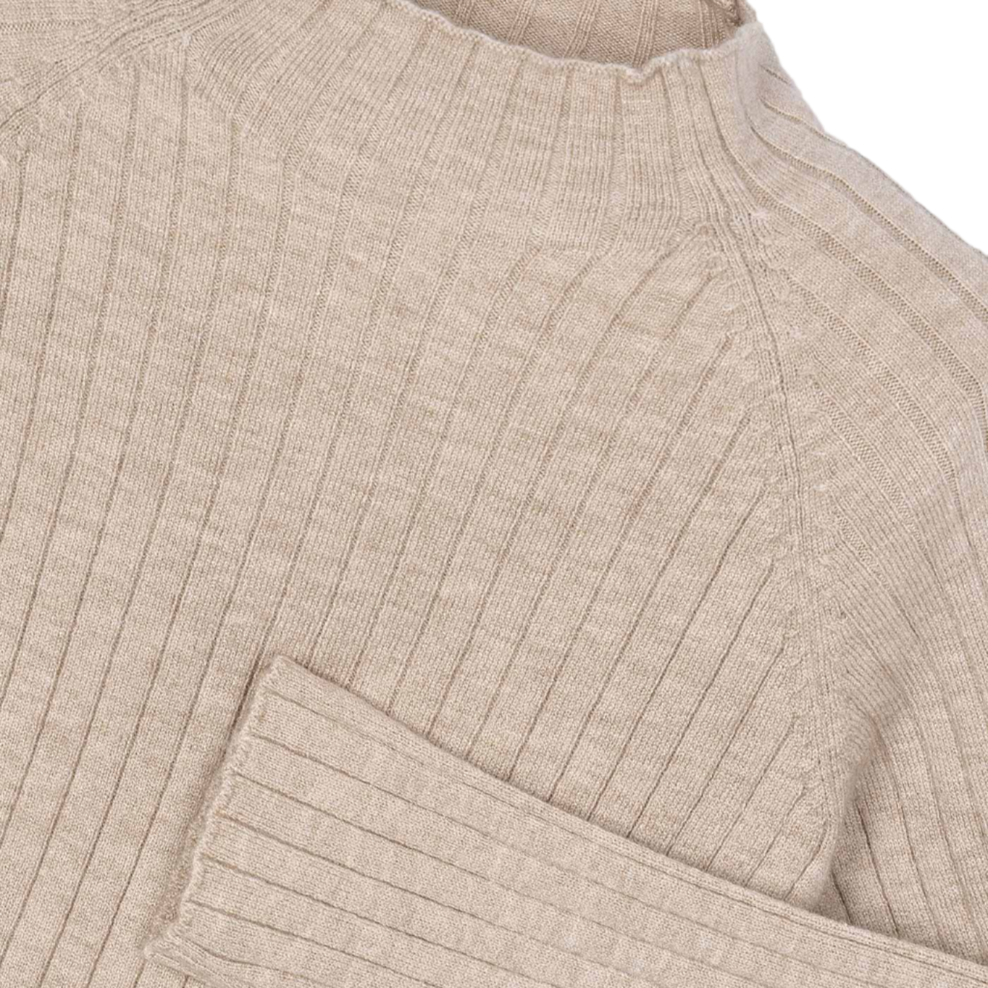 Close-up of a beige ribbed sweater with a pocket on a white background