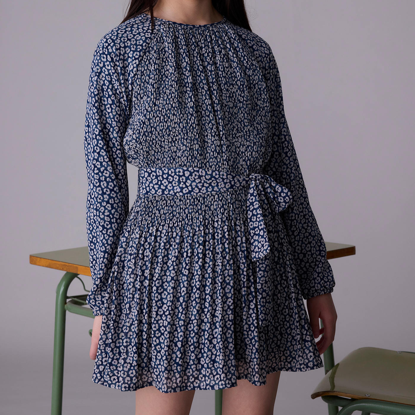 Petroleum Pleated Print Dress