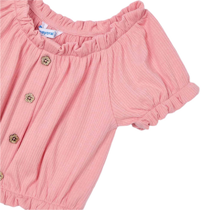 Coral Ribbed Bubble Sleeve Top