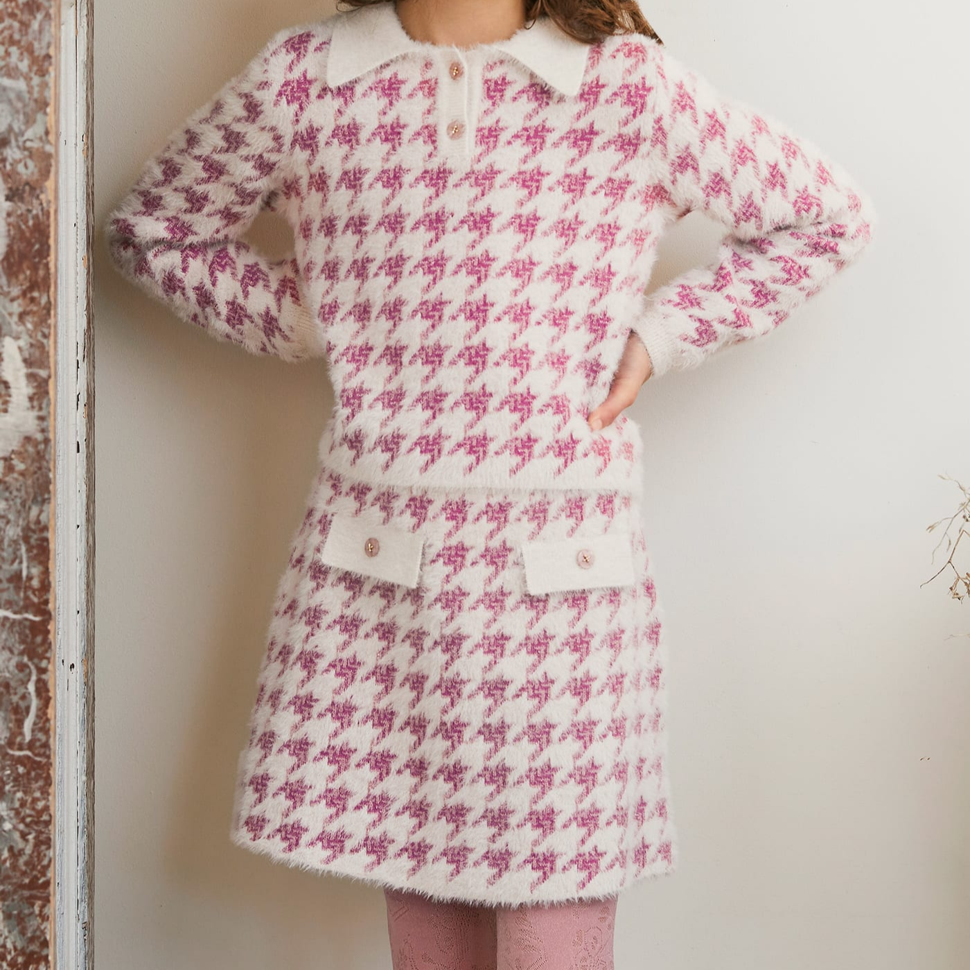 Pink Houndstooth Sweater Set