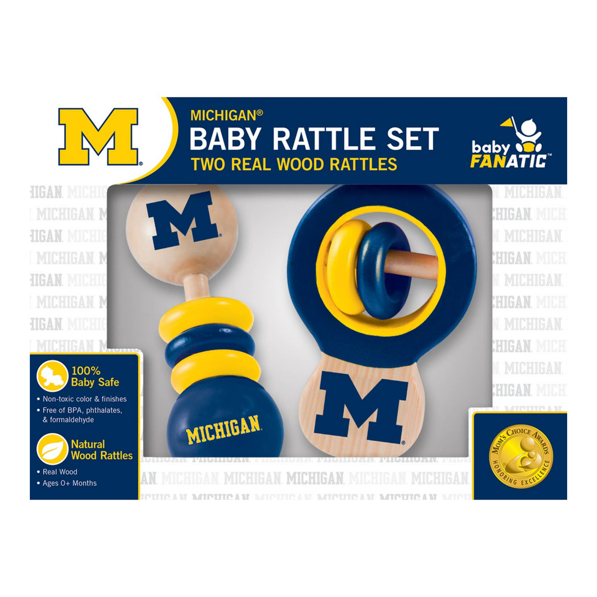 Michigan baby rattle set packaging with two wooden rattles and brand logos.