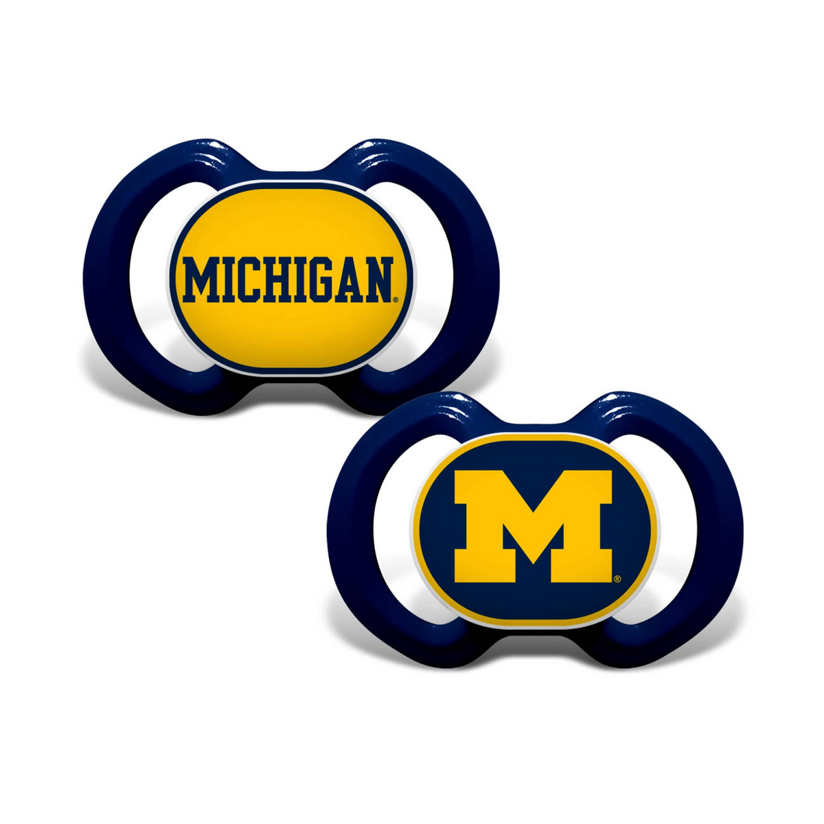Two baby pacifiers with 'Michigan' and a letter 'M' on a white background