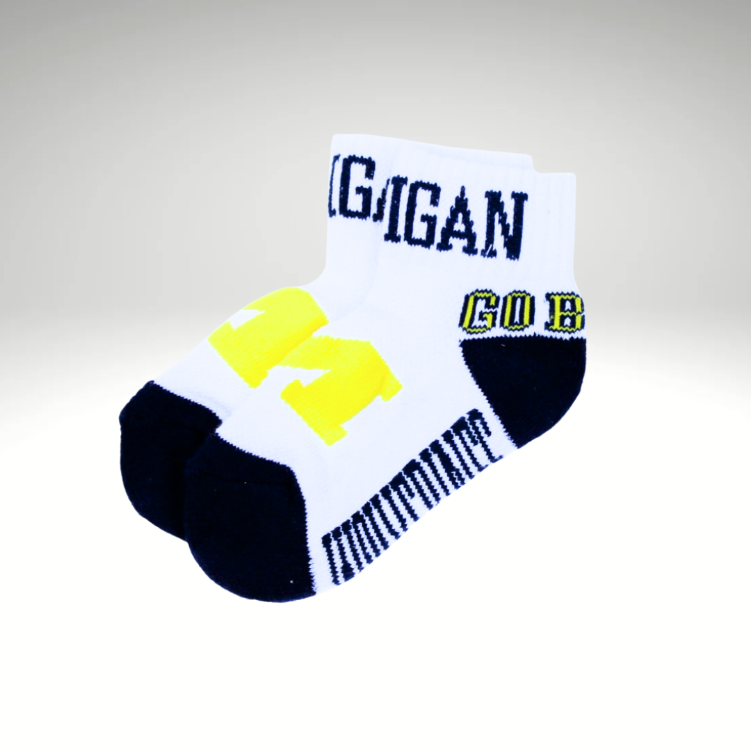 White sock with Michigan Wolverines logo on a light gray background