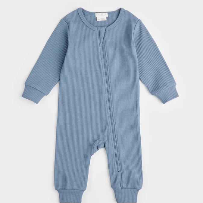 Organic Ribbed Zipper romper in Blue Denim