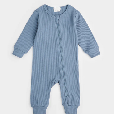 Organic Ribbed Zipper romper in Blue Denim