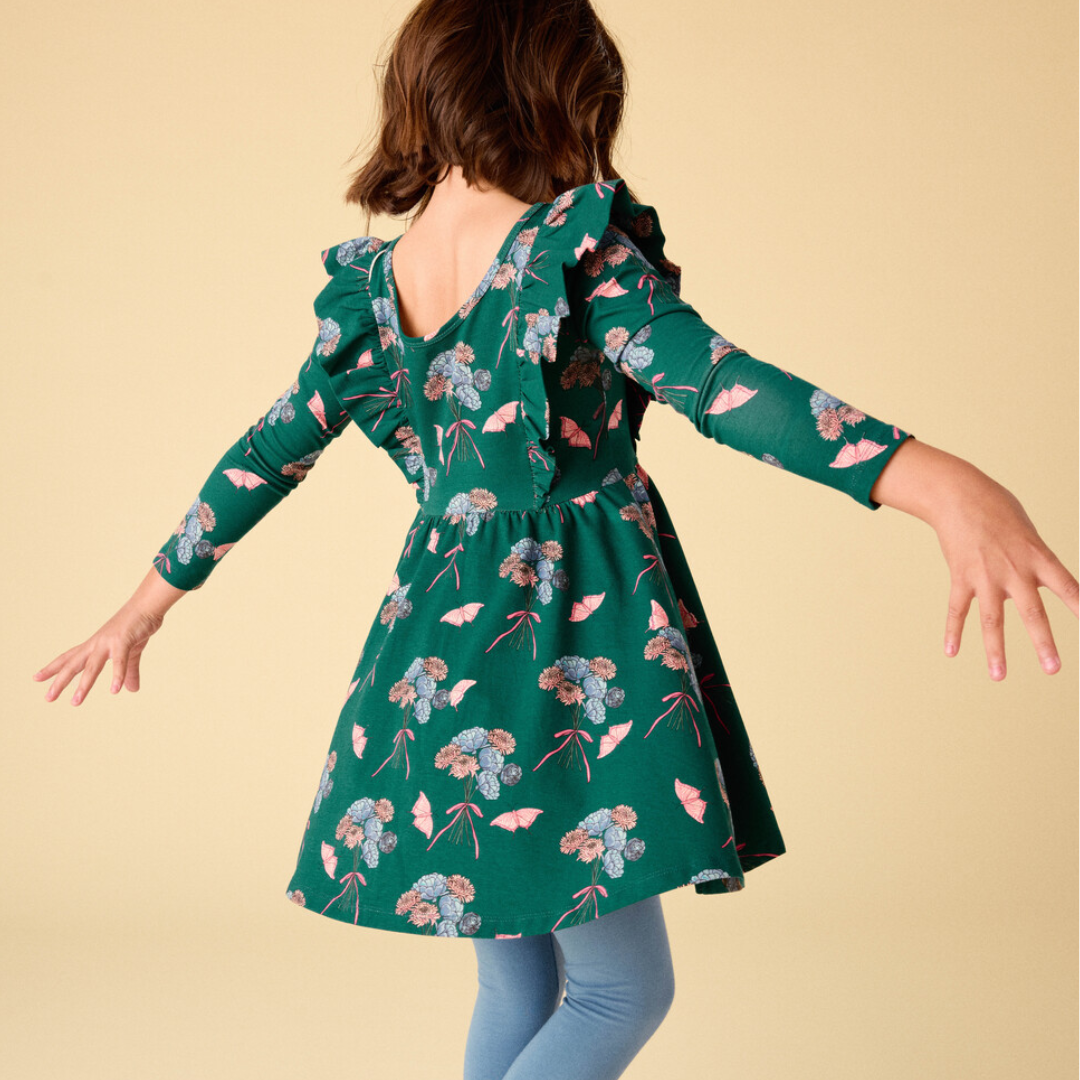 Floral Butterfly Ruffle Shoulder Ballet Dress