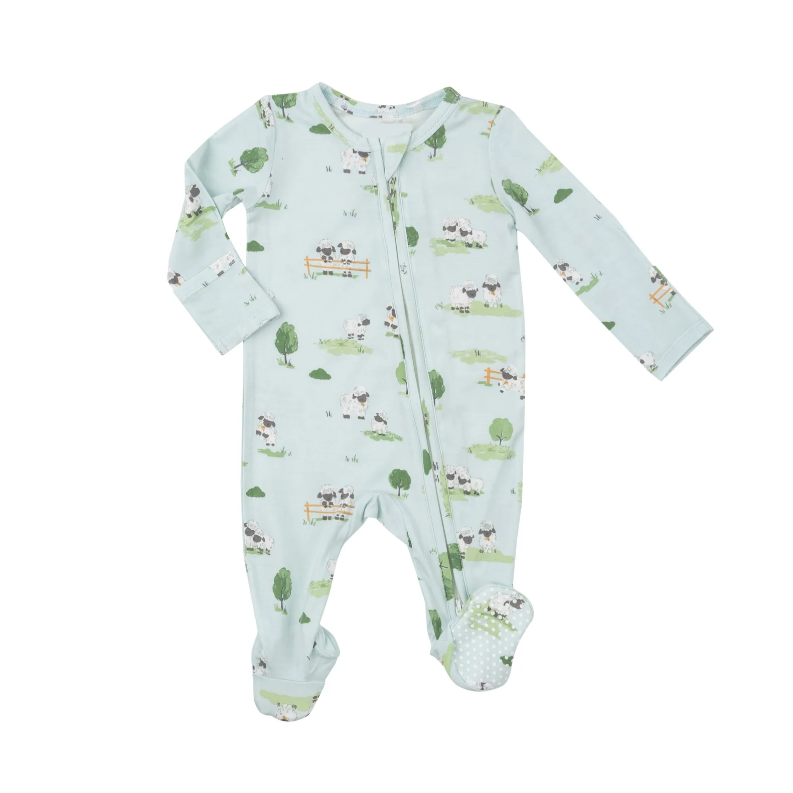 Baby onesie with farm animal pattern on a white background