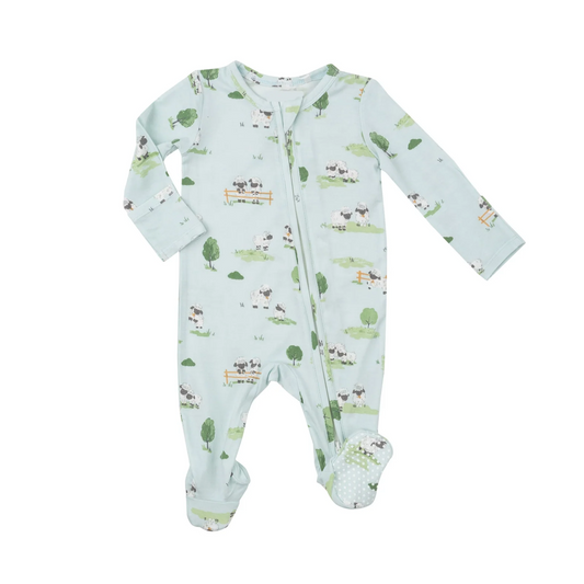 Baby onesie with farm animal pattern on a white background