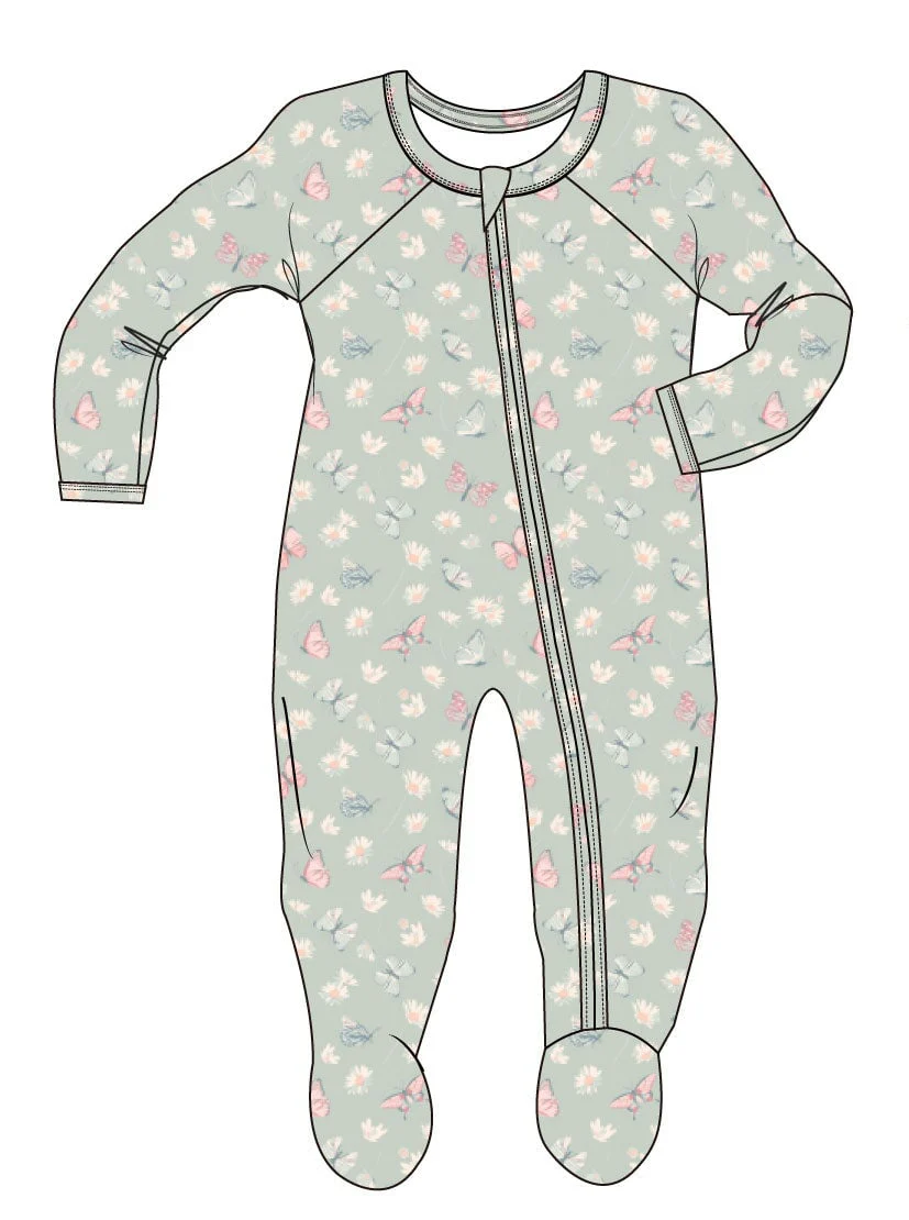 Butterfly Daisy Mint Zipper Footie
